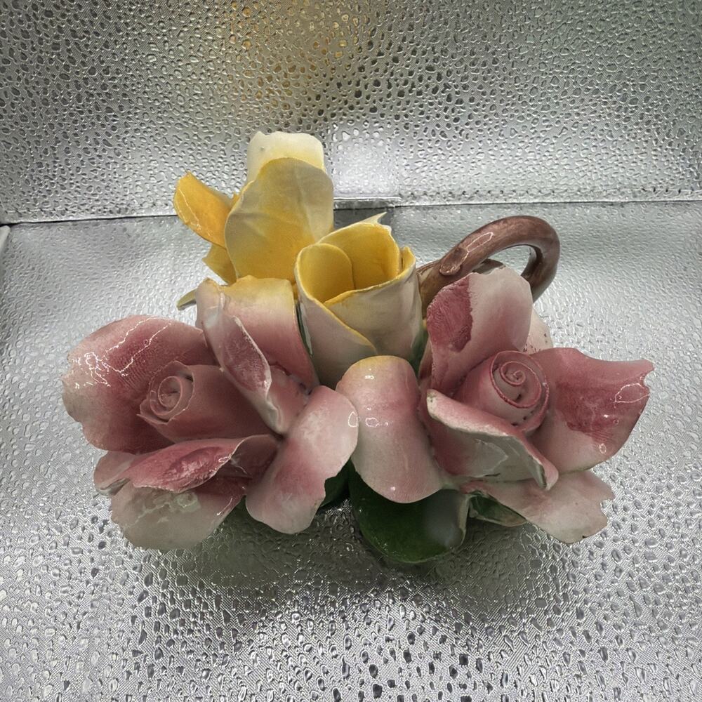Vintage Capodimonte Three Roses Porcelain Candle Holder Made in Italy